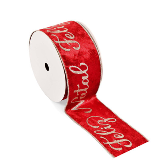 Imagem FITA ARAMADA VERMELHA AVELUDADA FELIZ NATAL EM POLIÉSTER 6,3CM X 9,14M - GRILLO
