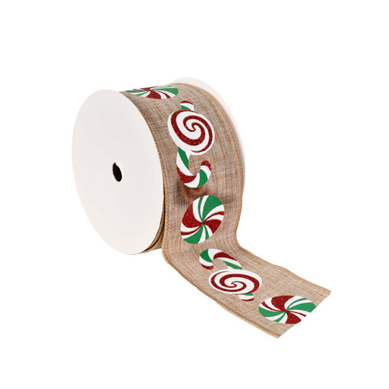 Imagem FITA ARAMADA EM LINHO NUDE ESTAMPA CANDY 6,3CM X 9,14M - GRILLO