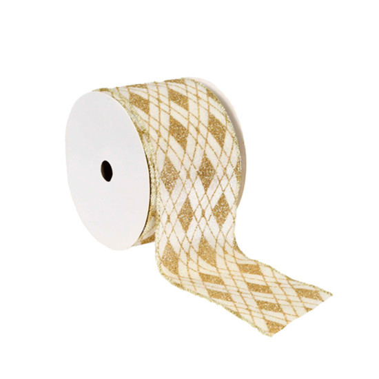Imagem FITA ARAMADA AVELUDADA CHAMPAGNE E DOURADA COM GLITTER 6,3CM X 9,14M - GRILLO