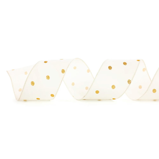 Imagem FITA ARAMADA DECORATIVA BRANCA E DOURADA EM POLIÉSTER 6,3CM X 9,14M - CROMUS