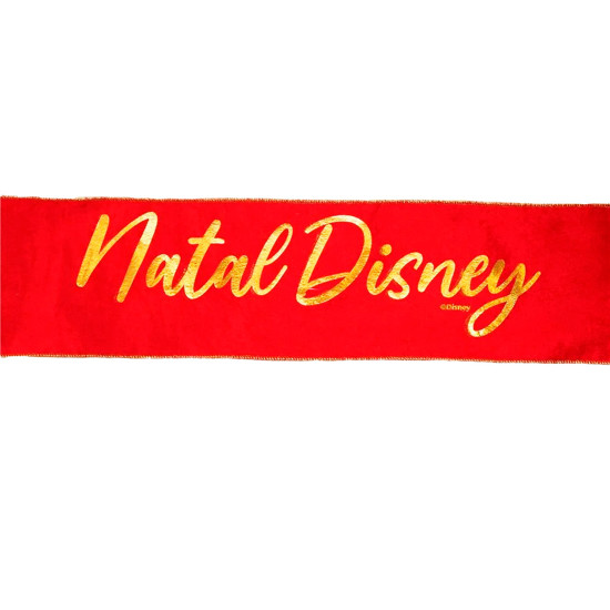 Imagem FITA ARAMADA DECORATIVA FELIZ NATAL DISNEY VERMELHA E DOURADA EM POLIÉSTER - CROMUS