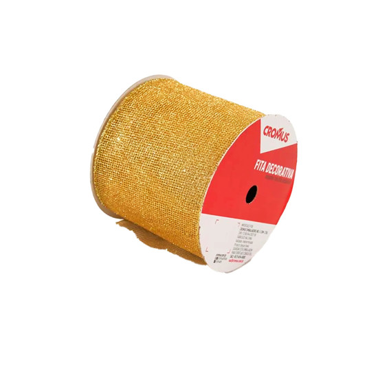 Imagem FITA ARAMADA DOURADA TRABALHADA COM GLITTER EM POLIÉSTER 10CMX4,57M - CROMUS
