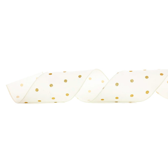 Imagem FITA ARAMADA DECORATIVA EM POLIÉSTER BRANCA E DOURADA 10CM X 4,57M - CROMUS