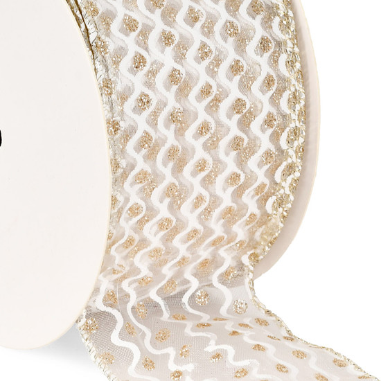 Imagem FITA ARAMADA DECORATIVA EM CETIM BRANCO E CHAMPAGNE 6,3CM X 9,14M - GRILLO