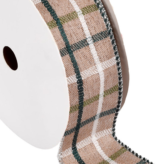 Imagem FITA ARAMADA DECORATIVA EM LINHO XADREZ VERDE E NUDE 4CM X 9,14M - GRILLO