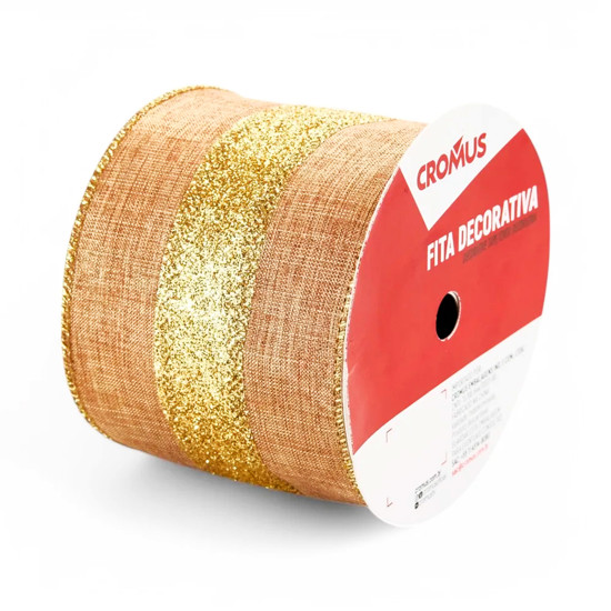 Imagem FITA ARAMADA DOURADA TRABALHADA COM GLITTER EM POLIÉSTER 10CMX4,57M - CROMUS