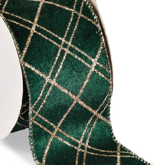 Imagem FITA ARAMADA VELUDO VERDE COM DETALHES DOURADO COM GLITTER 6,3CM X 9,14M - GRILLO