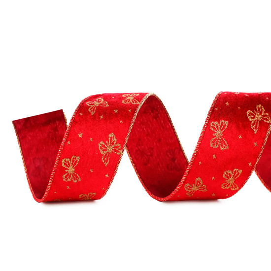Imagem FITA ARAMADA DECORATIVA NATALINA VERMELHA E BORBOLETAS DOURADAS - CROMUS