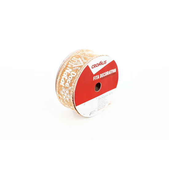 Imagem FITA ARAMADA NATALINA BEGE E BRANCA ESTAMPA GINGER DOCE NATAL 6,3CM X 9,14M - CROMUS