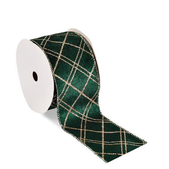Imagem FITA ARAMADA VELUDO VERDE COM DETALHES DOURADO COM GLITTER 6,3CM X 9,14M - GRILLO