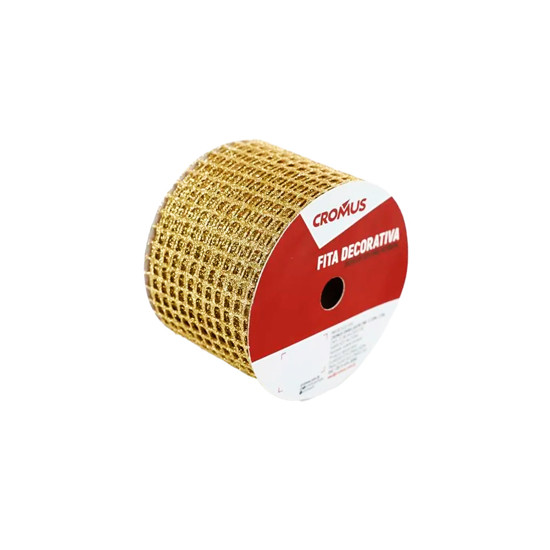 Imagem FITA ARAMADA DOURADA COM GLITTER EM POLIÉSTER 6,3CM X 9,14M - CROMUS