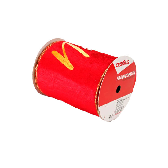 Imagem FITA ARAMADA DECORATIVA FELIZ NATAL DISNEY VERMELHA E DOURADA EM POLIÉSTER - CROMUS