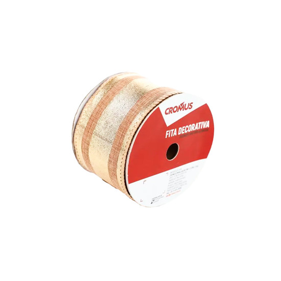 Imagem FITA ARAMADA LISTRADA MARROM E DOURADA EM POLIÉSTER 6,3CM X 9,14M - CROMUS