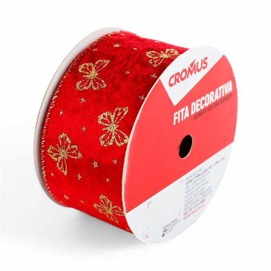 Imagem FITA ARAMADA DECORATIVA NATALINA VERMELHA E BORBOLETAS DOURADAS - CROMUS