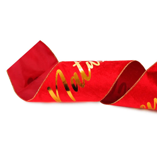 Imagem FITA ARAMADA DECORATIVA FELIZ NATAL DISNEY VERMELHA E DOURADA EM POLIÉSTER - CROMUS