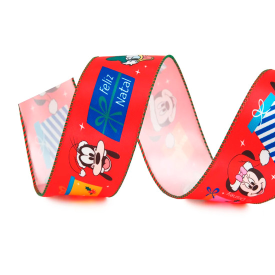 Imagem FITA ARAMADA NATALINA DECORATIVA TURMA DO MICKEY EM POLIÉSTER 6,3CM X 9,14M - CROMUS