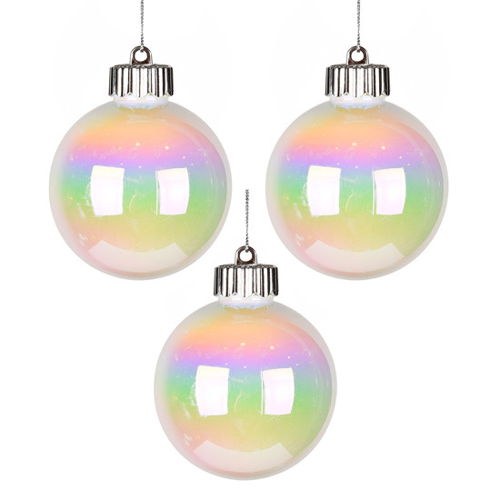 Imagem CAIXA COM 3 BOLAS NATALINAS BRANCAS IRIDESCENTE EM PLÁSTICO 8CM - GRILLO