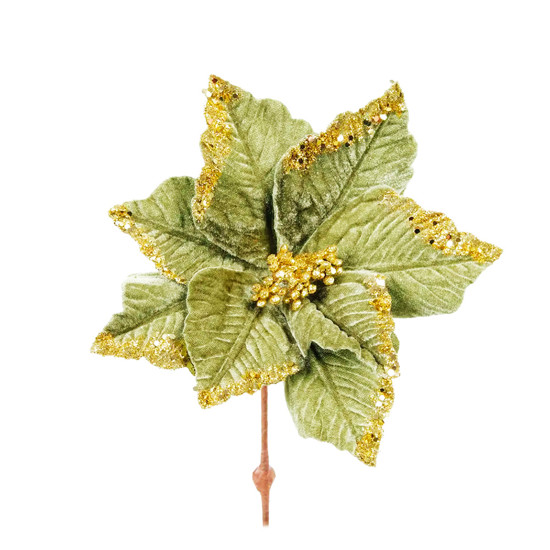 Imagem HASTE DECORATIVA DE POINSÉTIA VERDE OLIVA COM GLITTER 30X20CM - CROMUS