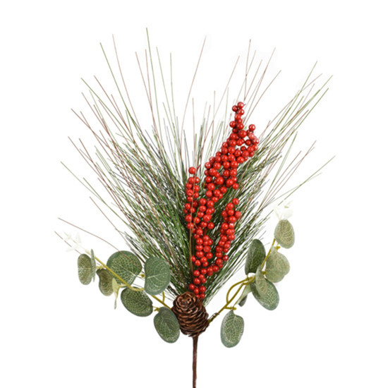 Imagem HASTE DE BERRIES VERMELHAS COM PINHA E FOLHAGEM VERDE EM PLÁSTICO E METAL - GRILLO