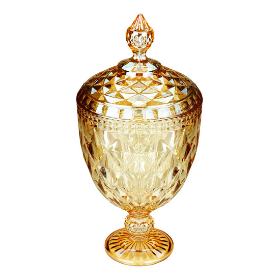 Imagem POTICHE DE CRISTAL COM PÉ DIAMOND ÂMBAR METALIZADO 32X15CM - LYOR