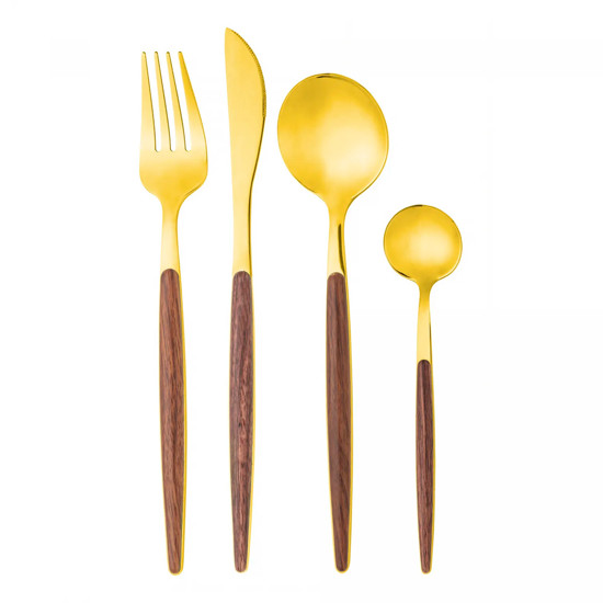 Imagem FAQUEIRO 24 PEÇAS DE AÇO INOX COM CABO EM ESTAMPA DE MADEIRA ORGANIC DOURADO - LYOR