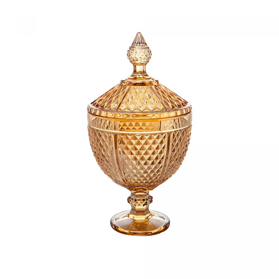 Imagem POTICHE DE CRISTAL COM PÉ PERSEU ÂMBAR METALIZADO 15X28CM - LYOR