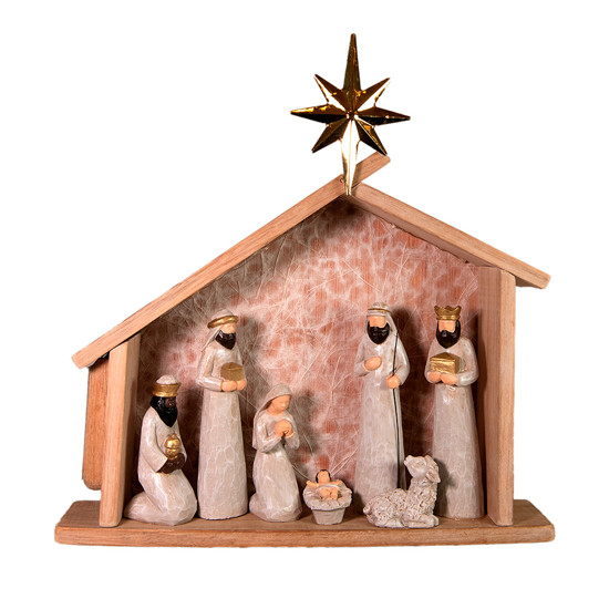 Imagem PRESÉPIO SAGRADA FAMÍLIA DECORATIVO EM RESINA E MADEIRA COM LED 24X30X6CM - TUUT