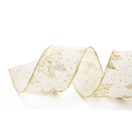 Imagem FITA ARAMADA DECORATIVA BRANCA E DOURADA EM POLIÉSTER 6,3CM X 9,14M - CROMUS