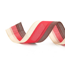 Imagem de FITA DECORATIVA LISTRADA VERMELHA BEGE E MARROM EM POLIÉSTER 6,3CM X 9,14M - CROMUS - Cromus Embalagens Ind E Com Ltda