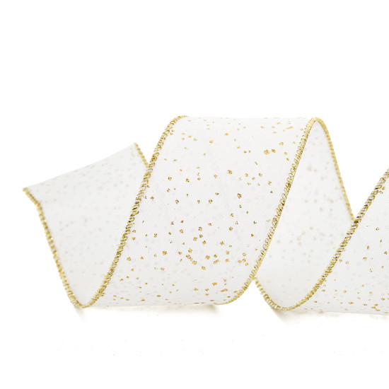 Imagem FITA ARAMADA DECORATIVA BRANCA E DOURADA EM POLIÉSTER 6,3CM X 9,14M - CROMUS