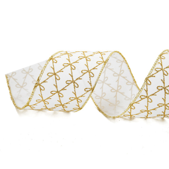 Imagem FITA ARAMADA DECORATIVA BRANCA E DOURADA EM POLIÉSTER 6,3CM X 9,14M - CROMUS