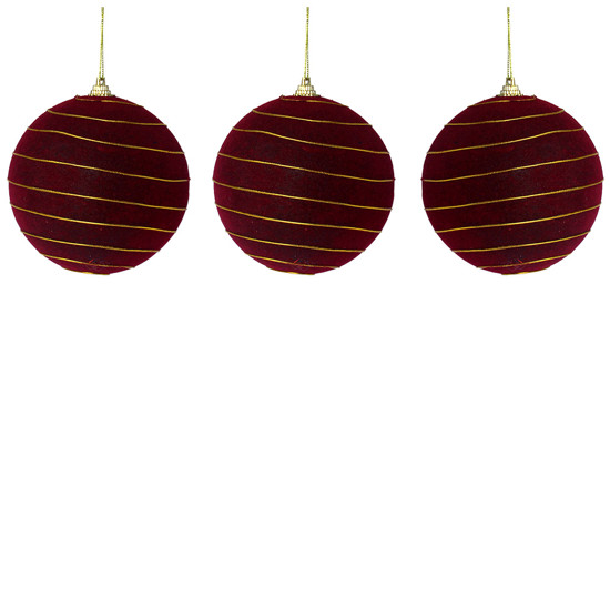 Imagem BOLA DE NATAL VINHO AVELUDADA E LISTRAS DOURADAS DE PLÁSTICO 10CM 3 UNIDADES - GRILLO