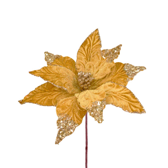 Imagem HASTE DECORATIVA DE POINSÉTIA DOURADA AVELUDADA COM GLITTER EM POLIÉSTER - GRILLO