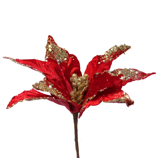 Imagem HASTE DECORATIVA DE POINSÉTIA VERMELHA AVELUDADA COM GLITTER EM POLIÉSTER - GRILLO