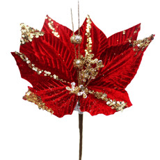 Imagem de HASTE DECORATIVA DE POINSÉTIA VERMELHA AVELUDADA COM GLITTER EM POLIÉSTER - GRILLO - Grillo Ltda