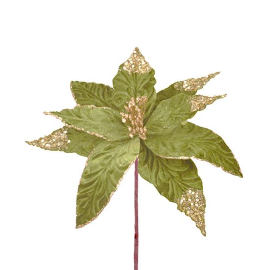 Imagem HASTE DECORATIVA DE POINSÉTIA VERDE AVELUDADA COM GLITTER EM POLIÉSTER - GRILLO