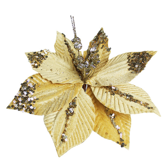 Imagem HASTE DECORATIVA DE POINSÉTIA CHAMPAGNE AVELUDADA COM GLITTER EM POLIÉSTER - GRILLO