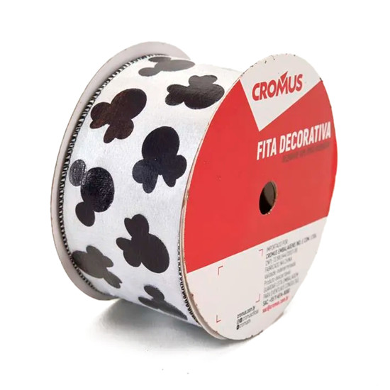 Imagem FITA DECORATIVA ARAMADA BRANCA MICKEY E MINNIE 6,3CM X 9,14M - CROMUS