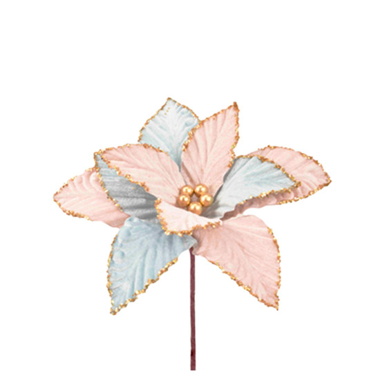 Imagem HASTE DECORATIVA DE POINSÉTIA ROSA CLARO E AZUL CLARO EM POLIÉSTER 20X25CM - GRILLO