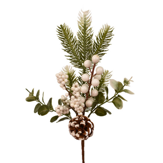 Imagem HASTE DECORATIVA DE BERRIES BRANCAS COM PINHA E FOLHAGEM VERDE DE PLÁSTICO - GRILLO