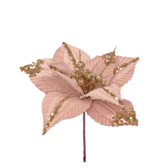 Imagem HASTE DECORATIVA DE POINSÉTIA ROSA CLARO AVELUDADA COM GLITTER EM POLIÉSTER - GRILLO