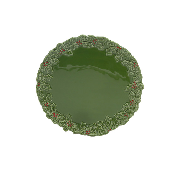 Imagem PRATO RASO NATALINO VERDE COM BORDAS DE FOLHAGEM RELEVADAS 32CM - TOKDACASA
