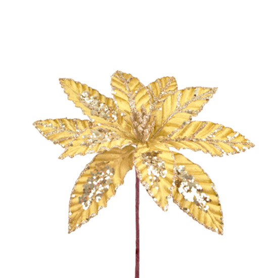 Imagem HASTE DECORATIVA DE POINSÉTIA DOURADA COM GLITTER EM POLIÉSTER 20X28CM - GRILLO