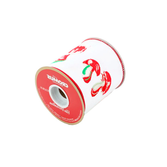 Imagem FITA ARAMADA BRANCA DECORATIVA DE POLIÉSTER COM COGUMELOS 10,16CM X 4,57M - CROMUS
