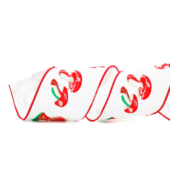 Imagem FITA ARAMADA BRANCA DECORATIVA DE POLIÉSTER COM COGUMELOS 10,16CM X 4,57M - CROMUS