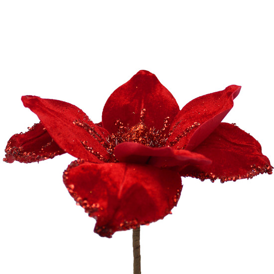 Imagem FLOR NATALINA DECOR POINSÉTIA VERMELHA COM GLITTER DOURADO 22X5 CM GRILLO 58393