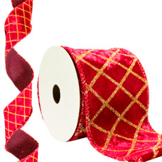 Imagem de FITA NATALINA ARAMADA VERMELHA AVELUDADA E DOURADA 6CM X 9,14M - DINATALE - Dinatale Import Ltda