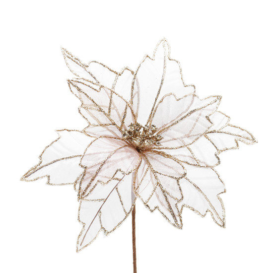 Imagem HASTE DECORATIVA DE POINSÉTIA CHAMPAGNE COM GLITTER DE TECIDO E METAL - TOKDACASA