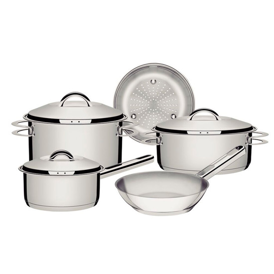 Imagem JOGO DE PANELAS SOLAR EM AÇO INOX COM FUNDO TRIPLO E TAMPAS DE INOX 5 PEÇAS TRAMONTINA