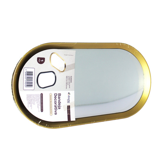 Imagem BANDEJA OVAL DOURADA ESPELHADA DECORATIVA DE POLIPROPILENO E VIDRO 28X15CM - DCARTE